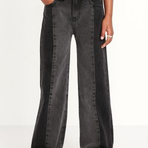 High-Waisted Baggy Two-Tone Wide-Leg Jeans for Girls