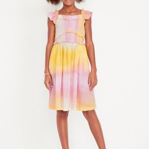 Printed Flutter-Sleeve Smocked Fit and Flare Dress for Girls