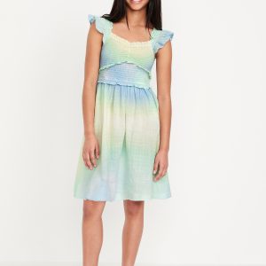 Printed Flutter-Sleeve Smocked Fit and Flare Dress for Girls
