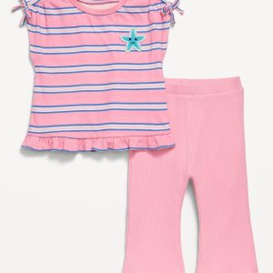 Printed Ruffle-Trim Top and Ribbed Flare Leggings Set for Baby