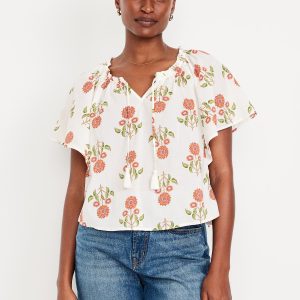 Flutter-Sleeve Tassel-Tie Top