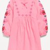 Long-Sleeve Double-Weave Embroidered Swing Dress for Girls