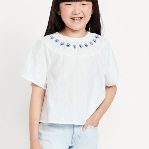 Short-Sleeve Textured Embroidered Top for Girls
