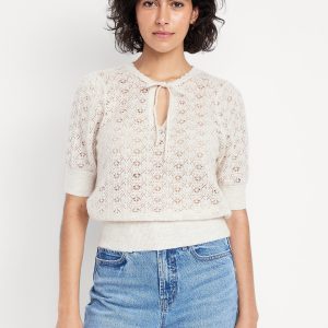 Wool-Blend Puff-Sleeve Tie-Neck Sweater